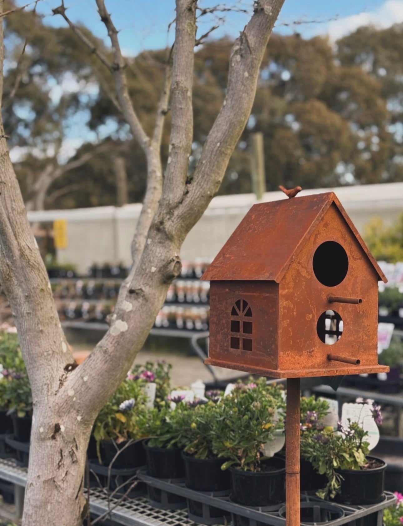 Rust Bird House on Stake - M